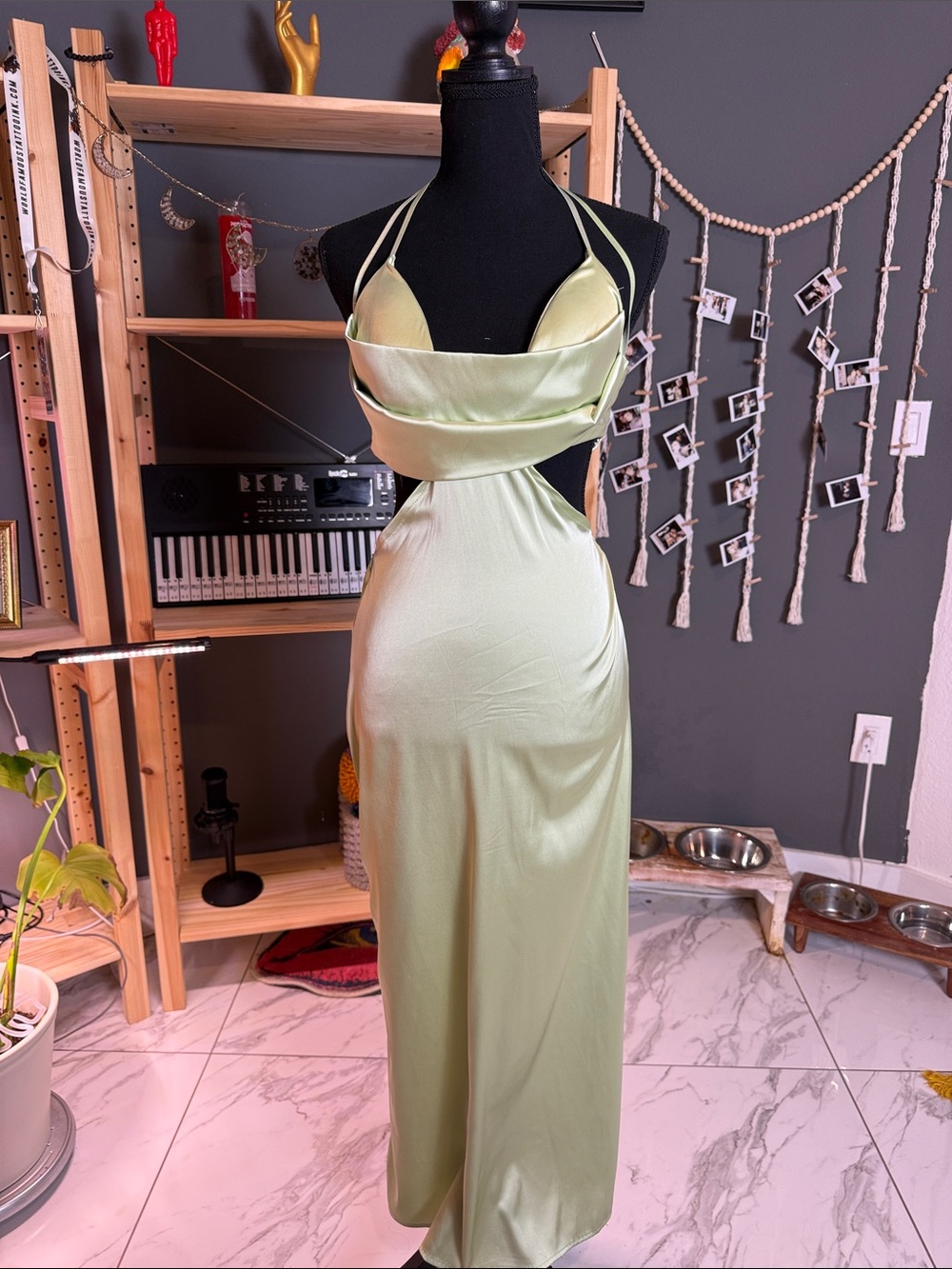 Satin Halter Cutout Maxi Dress - Light Green
